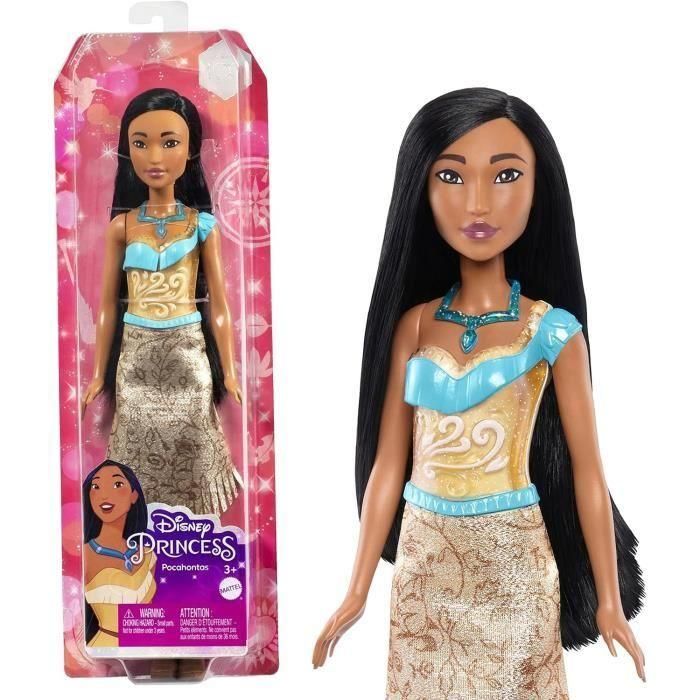 Mattel Hlw07 Muñeca Articulada Princesa Pocahontas Disney Princess, con conjunto de ropa brillante, collar y zapatos +3 años