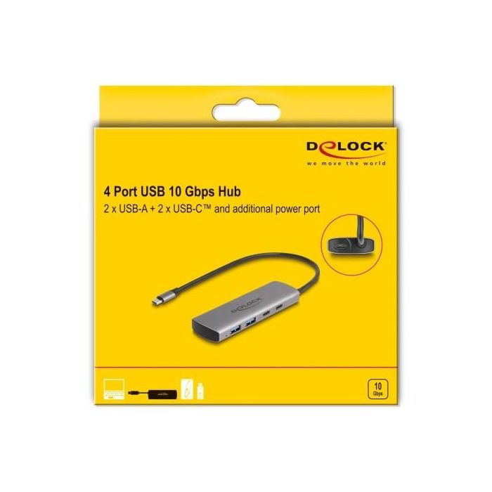 DELOCK USB 10 Gbps 2 Port USB Typ-A + 2 Port USB Type-C Hub mit USB Type-C Anschluss und zustzlicher Strombuchse 2
