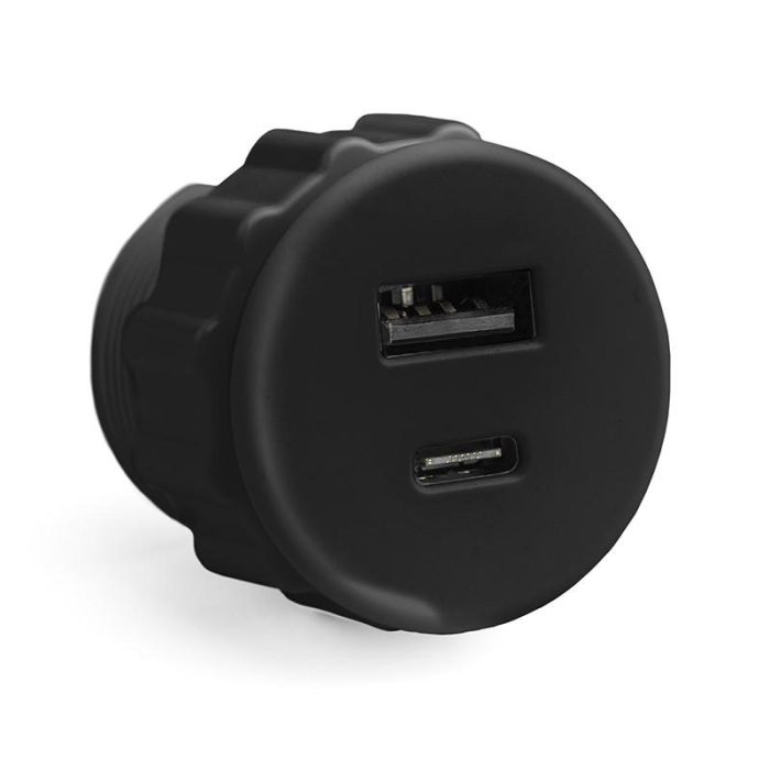 Herrajes Alk 721.38 TOP USB A+C Módulo Conexión USB Embutir Ø30mm Negro - Cargador 5.1V 2.1A para Cocinas, Oficinas y Muebles