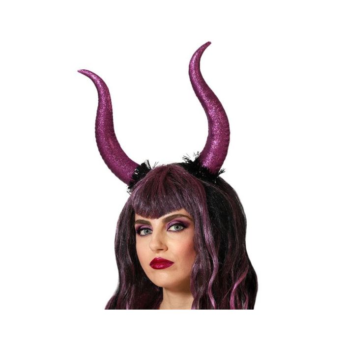 Diadema Halloween Cuernos Morados Brillantes Mujer Adulto para Disfraces