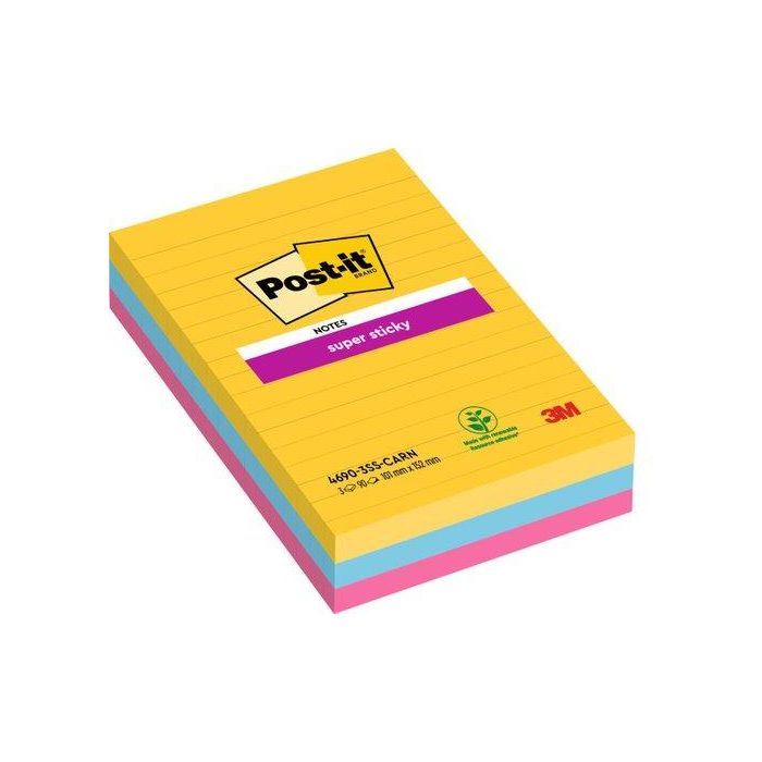 Taco Notas Post-It 4690 Super Sticky 101X152 Colores Rio De Janeiro Con Lineas Pack De 3