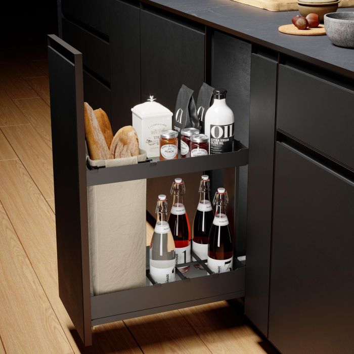 Menage Confort Serie Nova Flat Módulo Botellero Panero Extraíble Guías Extracción Total, Cierre Amortiguado para Mueble Cocina 400mm Antracita 0 Menage Confort Serie Nova Flat Módulo Botellero Panero Extraíble Guías Extracción Total, Cierre Amortiguado para Mueble Cocina 400mm Antracita 0