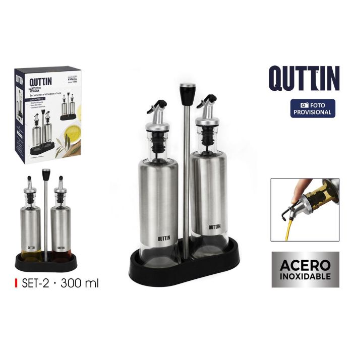Quttin Set 2 Aceiteras de Acero Inoxidable con Soporte - 9.5 x 27.7 x 17.8 cm (8 Unidades)