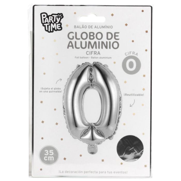 Globo Cifra 0 Plata Party Time altura 35 cm 1 Globo Cifra 0 Plata Party Time altura 35 cm 1