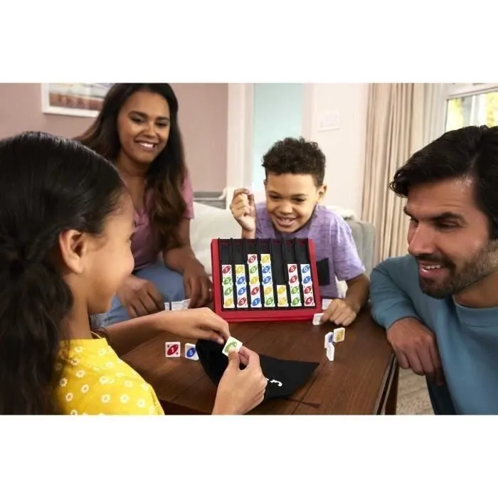 Mattel Games HPF82 UNO Quatro Juego de Cartas Familiar con Mecánica de Cuatro en Raya y Acciones Especiales 5