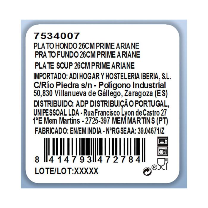 Plato Hondo Porcelana Prime Ariane 26 cm (6 Unidades)