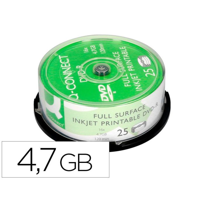 Dvd-R Q-Connect Con Superficie 100% Imprimible Para Inkjet Capacidad 4,7 grb Duracion 120Mivelocidad 16X Bote De 25 Unid