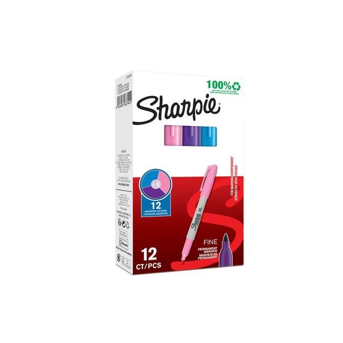 Sharpie Marcador Permanente Punta Fina Colores Surtidos Rosa Morado Turquesa (12 Unidades) (12 Unidades)