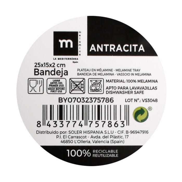 La Mediterranea Bandeja Melamina Antracita 25 cm x 15 cm x 2 cm (12 Unidades)