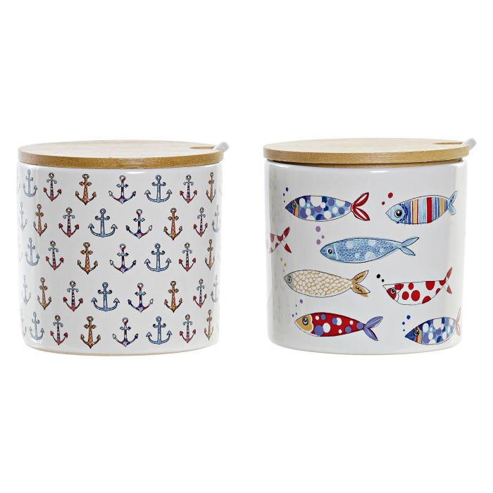 DKD Home Decor Azucarero Mediterraneo Costa Peces Multicolor Negro de Gres y Bambú 9.5x9.5x9.5cm Apto Microondas Lavavajillas (6 Unidades) DKD Home Decor Azucarero Mediterraneo Costa Peces Multicolor Negro de Gres y Bambú 9.5x9.5x9.5cm Apto Microondas Lavavajillas (6 Unidades)