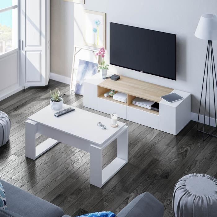 Mesa de centro elevable - Melamina blanca - L 105 x P 55 x H 45 cm NOVA 1 Mesa de centro elevable - Melamina blanca - L 105 x P 55 x H 45 cm NOVA 1