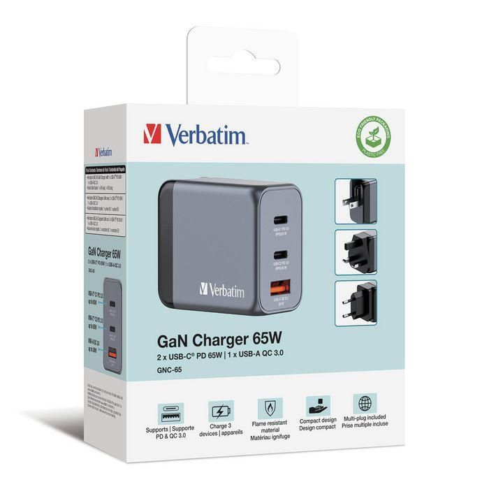 Verbatim Gnc-65 Cargador Pared Gan 65 W Usb-A 3.0 Y 2Xusb-C 3.0 5 Verbatim Gnc-65 Cargador Pared Gan 65 W Usb-A 3.0 Y 2Xusb-C 3.0 5