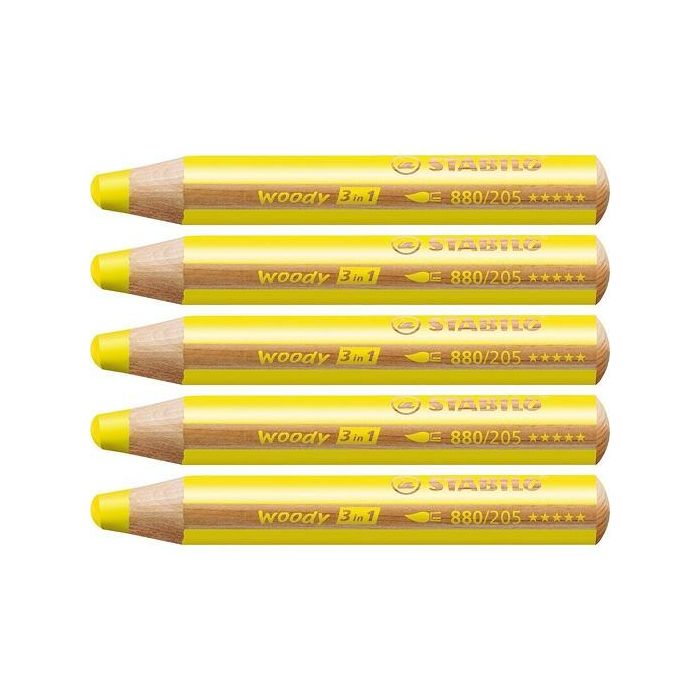 Stabilo Lápices de Colores Woody 3 en 1 Amarillo Estuche 5 Ud Lápiz Multifunción Cera Acuarela Madera Certificada PEFC
