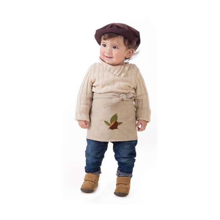 Creaciones Llopis Delantal y Boina Castañero Beige Hojas Talla 12-18 Meses