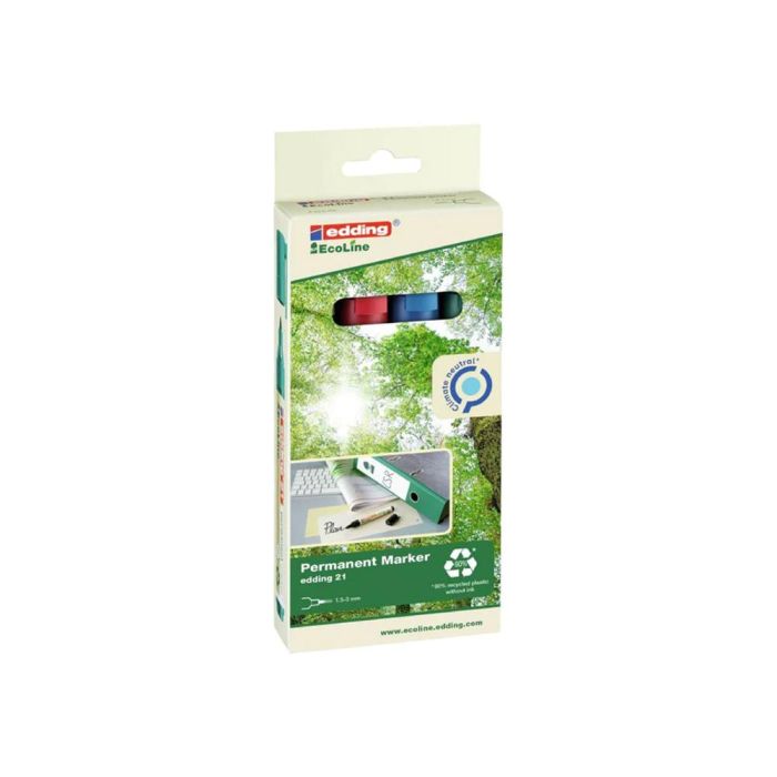 Rotulador Edding 21 Marcador Permanente Ecoline 90% Reciclado Bolsa 4 Colores Surtidos Punta Redonda 1,5-3 2