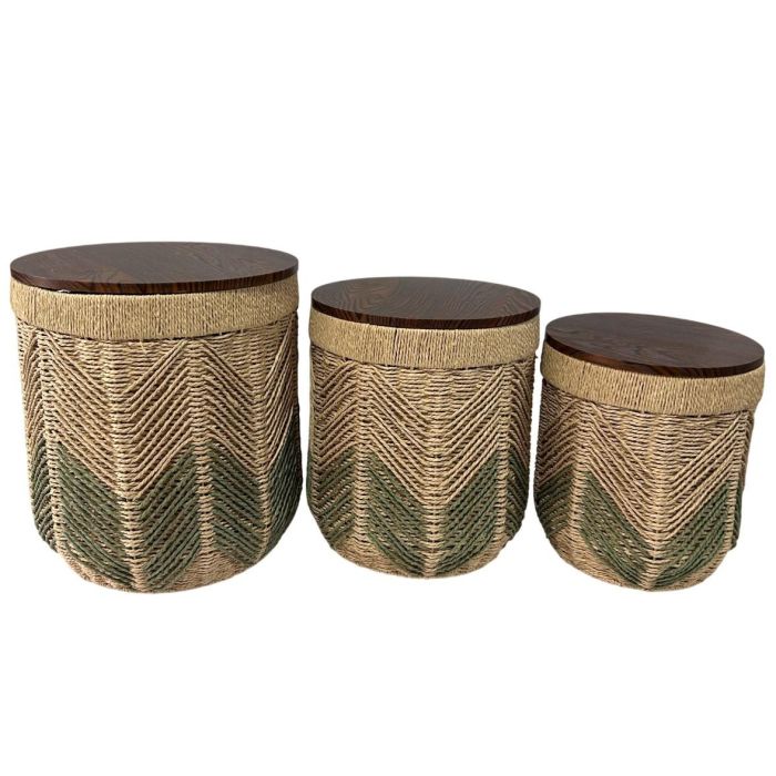 DKD Home Decor Mesita Auxiliar Urban Espiga25 Marron Verde Fibra MDF Metal 40x40x44 cm Set de 3