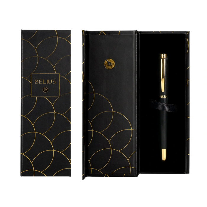 Belius Passion d'or Pluma Estilográfica Aluminio Negro y Dorado Tinta Azul Caja de Diseño M 3