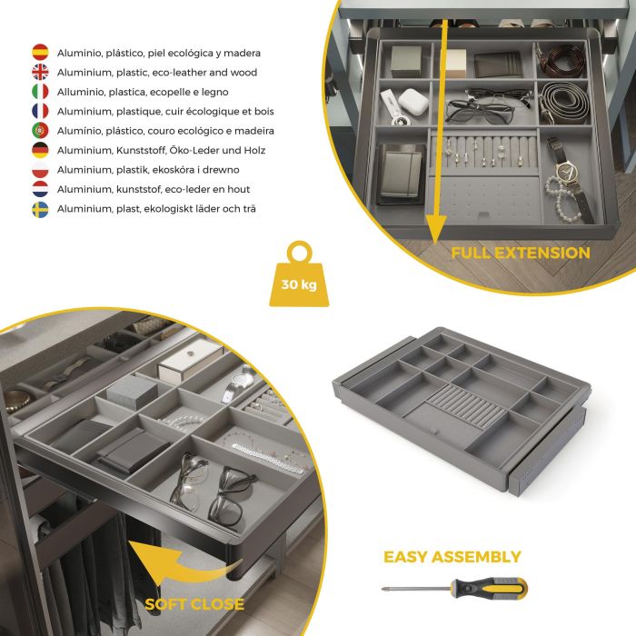 Emuca Kit de cajón organizador y bastidor regulable Quartz para armarios, guías de cierre suave y extracción total, Módulo 70cm, Acabado Titanio 6 Emuca Kit de cajón organizador y bastidor regulable Quartz para armarios, guías de cierre suave y extracción total, Módulo 70cm, Acabado Titanio 6