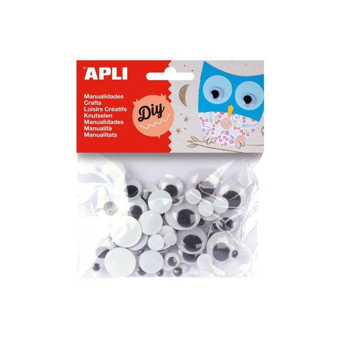 Apli Ojos Móviles Negros Redondos Sin Adhesivo, Varios Tamaños, Bolsa 75 Unidades