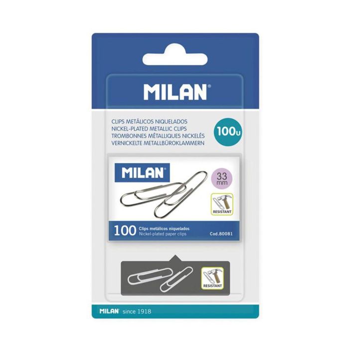 Blister 1 caja con 100 clips metalicos 33mm milan. Blister 1 caja con 100 clips metalicos 33mm milan.