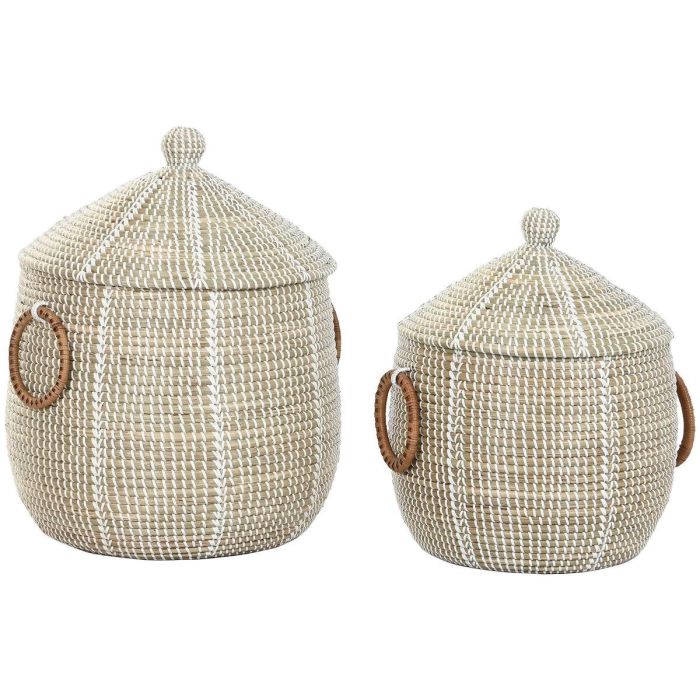 DKD Home Decor Cesta Decorativa Boho Hecha a Mano de Seagrass y Ratan Natural y Blanco Set de 2, 41x41x59 cm