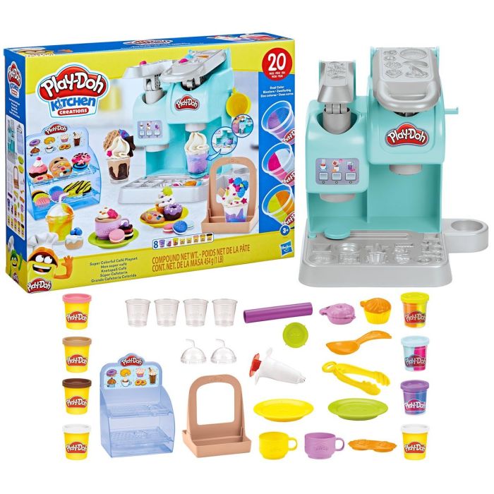 Hasbro F5836 Play-Doh Super Cafetería de Juguete con 8 botes plastilina y 20 accesorios para crear bebidas y postres, Edad +3 años