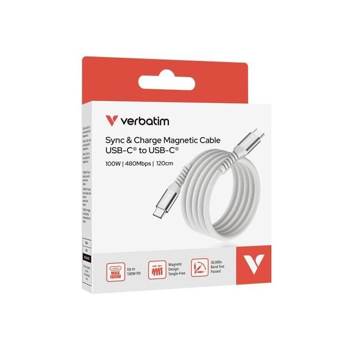 Verbatim Cable Magnético USB-C a USB-C 1.20m Gris - Aluminio, Nylon, TPE, 480Mbps, 100W, PD 3.0, QC 3.0