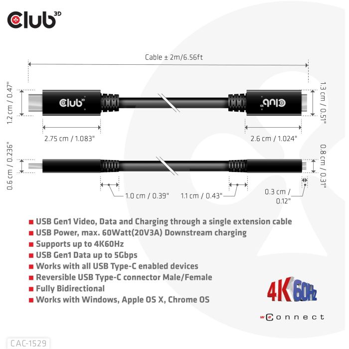 Club3D Cable USB 3.2 Tipo C de 2m, Extensión Macho/Hembra, 5Gbps 3 Club3D Cable USB 3.2 Tipo C de 2m, Extensión Macho/Hembra, 5Gbps 3