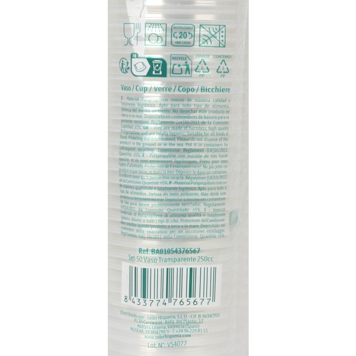 Algon Set 50 Vasos Transparentes 250 cc Alto 10 cm Ancho 7 cm Largo 7 cm (18 Unidades) 2