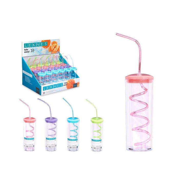 Leknes Vaso con Pajita Espiral Surtidos 330 ml - Plástico (PP, PS) - 7.5x24x6 cm - Ideal para Bebidas Frías (Set de 48)