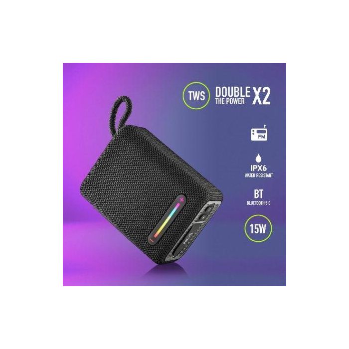 NGS ROLLERFURIA1BLACK Altavoz Bluetooth 15W 2.0 Negro Resistente Agua IPX6 TWS Portátil USB 9 Horas Batería Correa 2