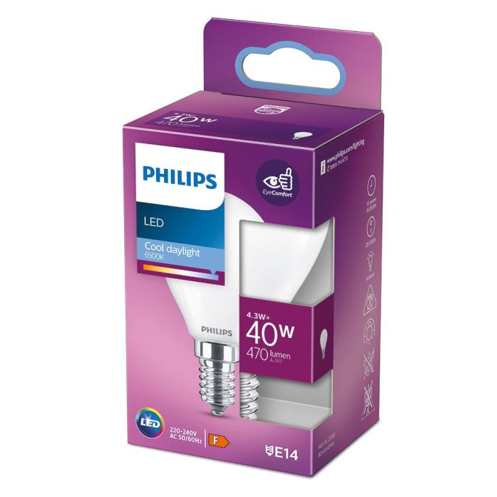 Philips Bombilla esférica LED E14 4.3W 470lm 6500K luz fría, equivalente a 40W, Ø4.5x8.2cm 1