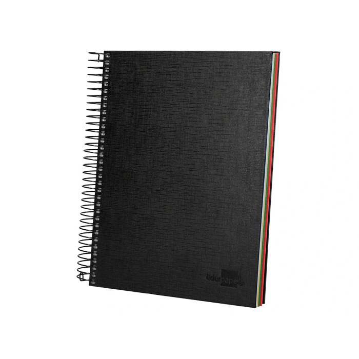 Liderpapel Cuaderno espiral A5 micro papercoat tapa forrada 140 hojas 75gr cuadro 5mm banda 5 colores 6 taladros negro 4