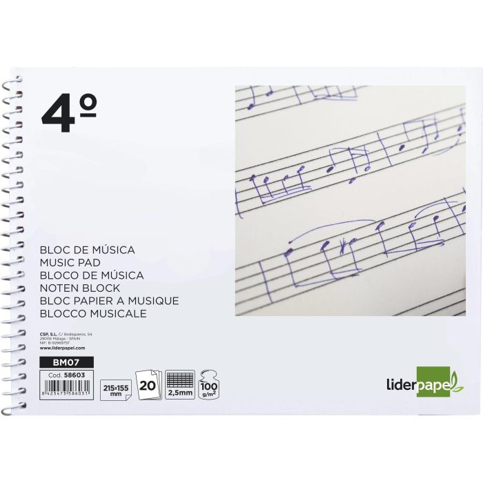 Liderpapel Bloc de Música Combi Pentagrama Cuadriculado 2,5mm Cuarto 20 Hojas 100g/m² 1
