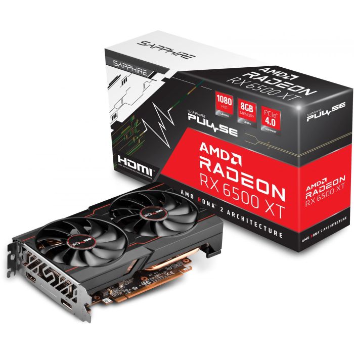 Sapphire 11314-08-20G Tarjeta Gráfica PULSE Radeon RX 6500 XT Gaming OC 8GB GDDR6 AMD RDNA 2 PCIe 4.0 con refrigeración Dual-X y FidelityFX 6