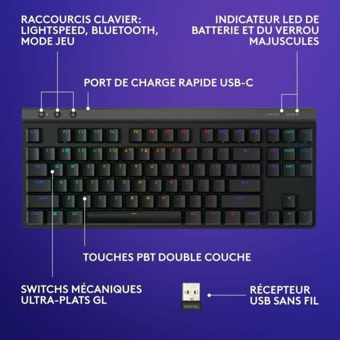 Teclado Gaming - Inalámbrico - Logitech G - G515 TKL Lightspeed - Mecánico Táctil - RGB - AZERTY - Negro 1