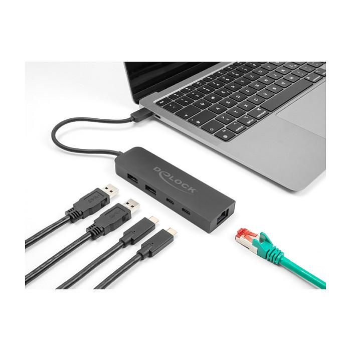 DeLOCK Hub USB-C 10 Gbps con Puerto LAN 2.5 Gigabit y Power Delivery PD de 85 W - 5 Puertos USB 3.2 Gen 2 (2x Type-A, 2x Type-C) - Negro 1