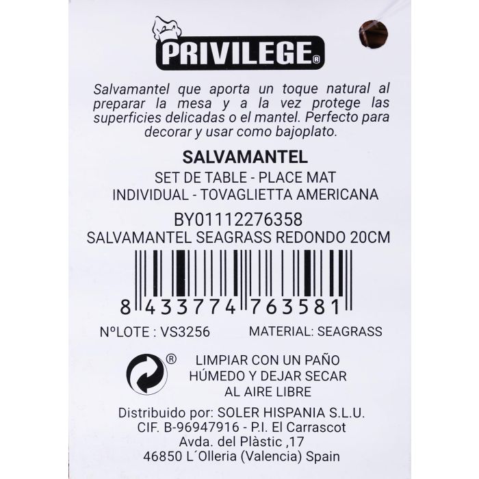 Salvamantel redondo Seagrass 20 cm Privilege (36 Unidades) 6 Salvamantel redondo Seagrass 20 cm Privilege (36 Unidades) 6