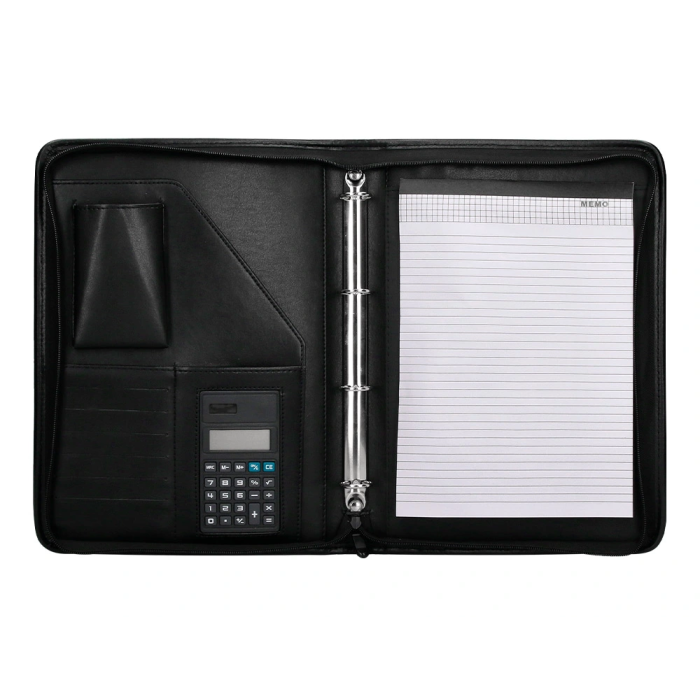 Q-connect Carpeta Portafolios con Cremallera, Calculadora y Bolsa para Móvil, Plástico tacto Piel, 260x355 mm, Negro 3