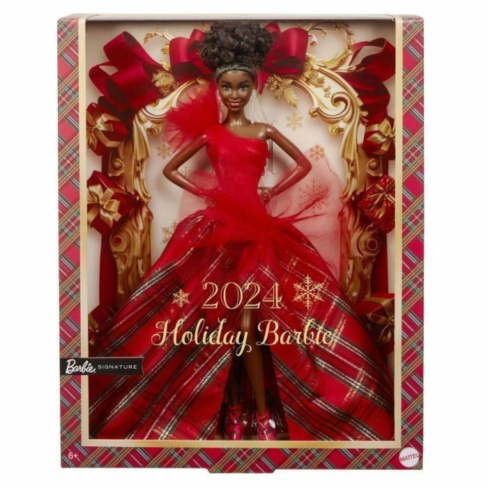 Barbie HRM62 Muñeca Colección Feliz Navidad Cabello Castaño, Vestido Rojo de Satén con Falda Cuadros y Lazo Grande 1