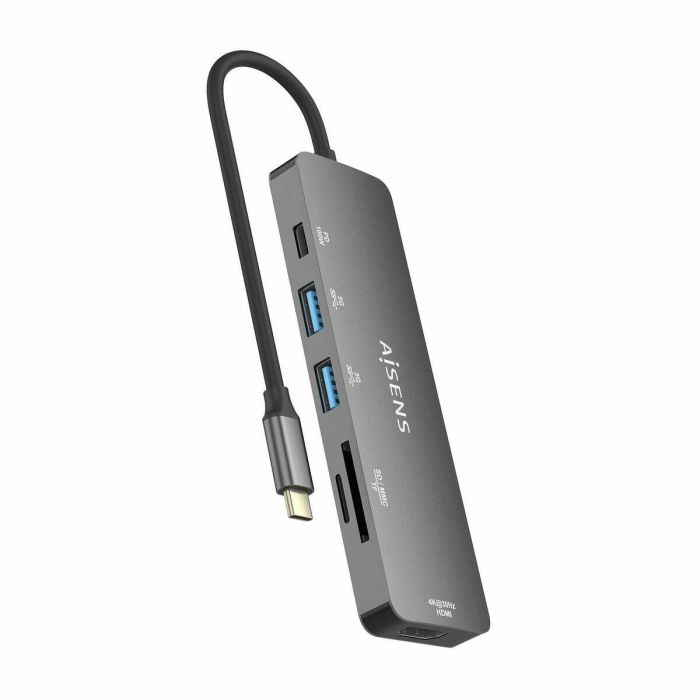 AISENS - USB-C DOCK 6 EN 1, USB-C A 1xHDMI, 2xUSB-A, 1xUSB-C PD 100W, 1xSD, 1xMICRO SD, GRIS, 15CM 1