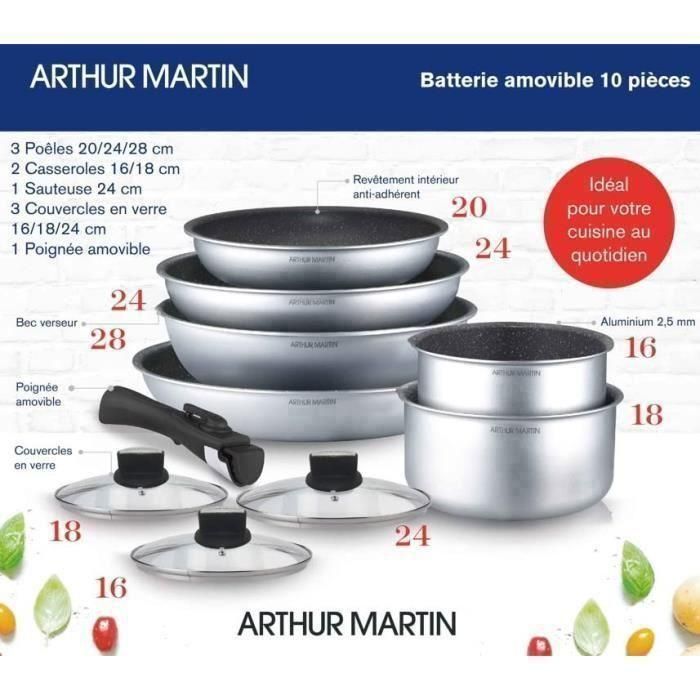 ARTHUR MARTIN AM167S Batería de cocina de 10 piezas - Aluminio - Manija extraíble - Todas las luces, incluida la inducción 1