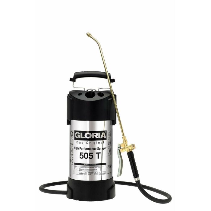 Gloria 505 T Pulverizador de Acero Inoxidable 5L de Alto Rendimiento 6 bar con Boquilla, Lanza de Latón y Manguera Reforzada 1,35M