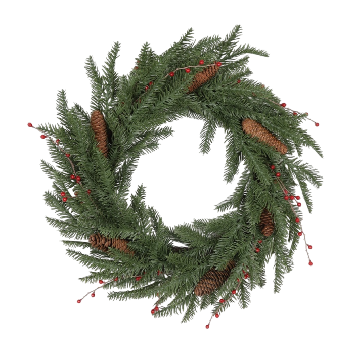 DKD Home Decor Corona de Navidad Alpina con 35 LEDs y Piñas, Verde y Marrón, 60x60x13 cm, Funciona con Pilas AA (2 Unidades)