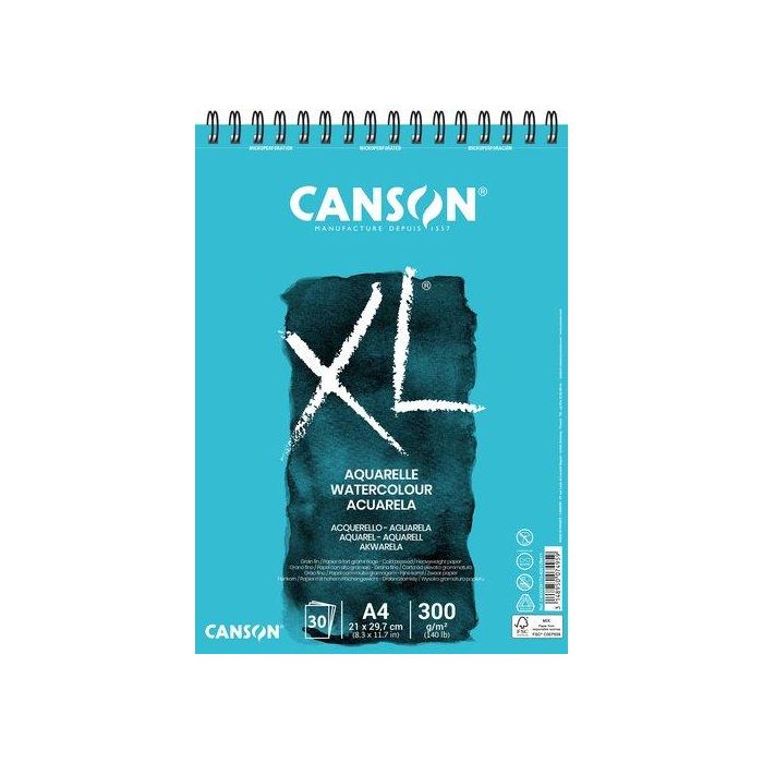 Canson Bloc Dibujo Acuarela XL Aquarelle Grano Fino DIN A4 21x29,7 cm 30 Hojas 300 gr/m2 Papel Blanco Natural