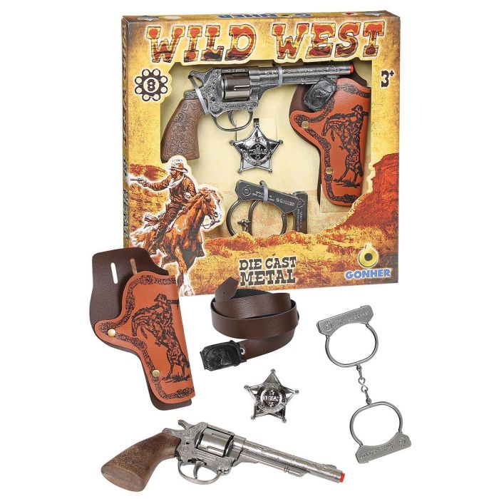 Gonher 157/0 Set de Vaquero Wild West con Revólver Metálico, Fulminantes 8 Tiros, Cartuchera, Esposas y Estrella Sheriff +3 Años