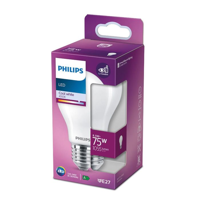 Philips Bombilla LED E27 8.5W 1055lm 4000K Luz Día Equivalente 75W No regulable, Cristal Mate y 360° de Apertura Ø6x10.4cm 1 Philips Bombilla LED E27 8.5W 1055lm 4000K Luz Día Equivalente 75W No regulable, Cristal Mate y 360° de Apertura Ø6x10.4cm 1