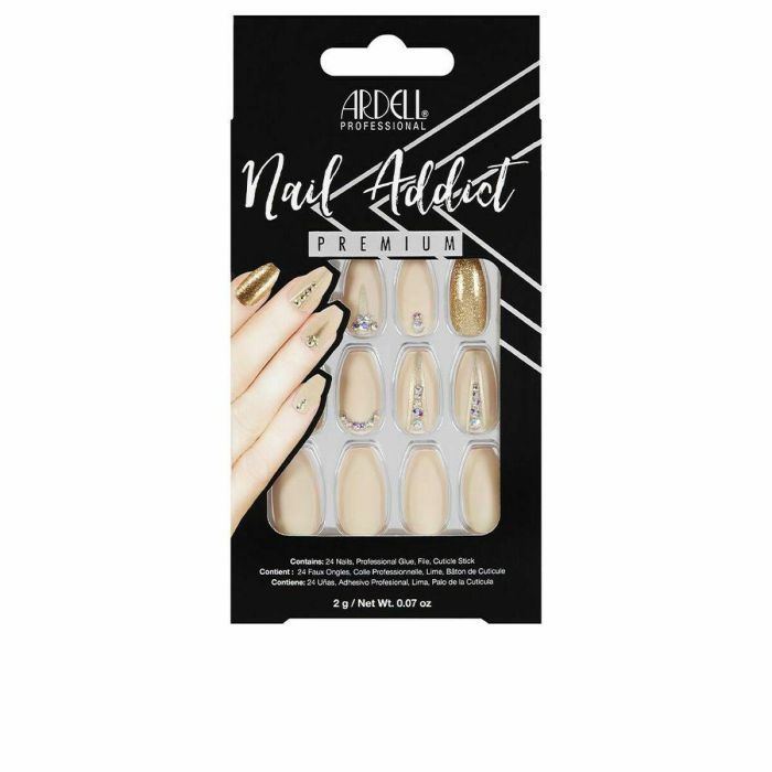 Ardell NAIL ADDICT Uñas Postizas Nude Jeweled. Tono Natural Mate con Adornos de Cristal Multicolor y Dorado Brillante, 1 Unidad