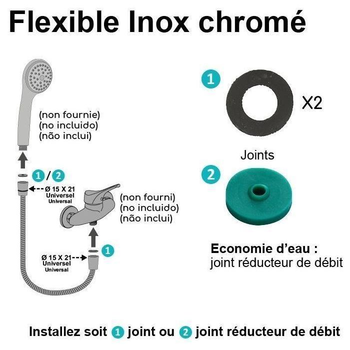 Edouard Rousseau ROU3047404226367 Flexo Ducha 2 m Acero Inoxidable Cromado Doble Grapa, Tuercas Anti-Torsión, Reducción Caudal 3