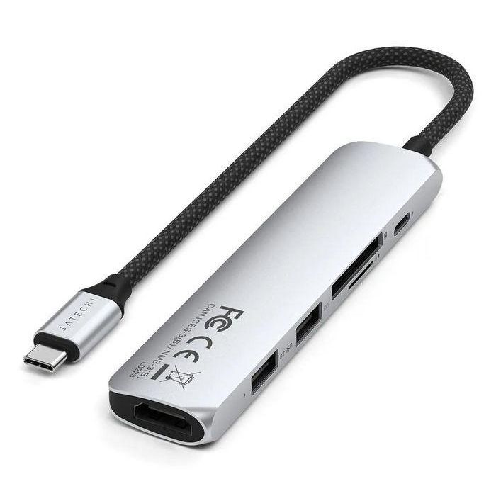 Satechi Adaptador Multi Puerto USB-C Slim 6 en 1 Plateado, 100W, 10 Gbps, 120x28x10mm